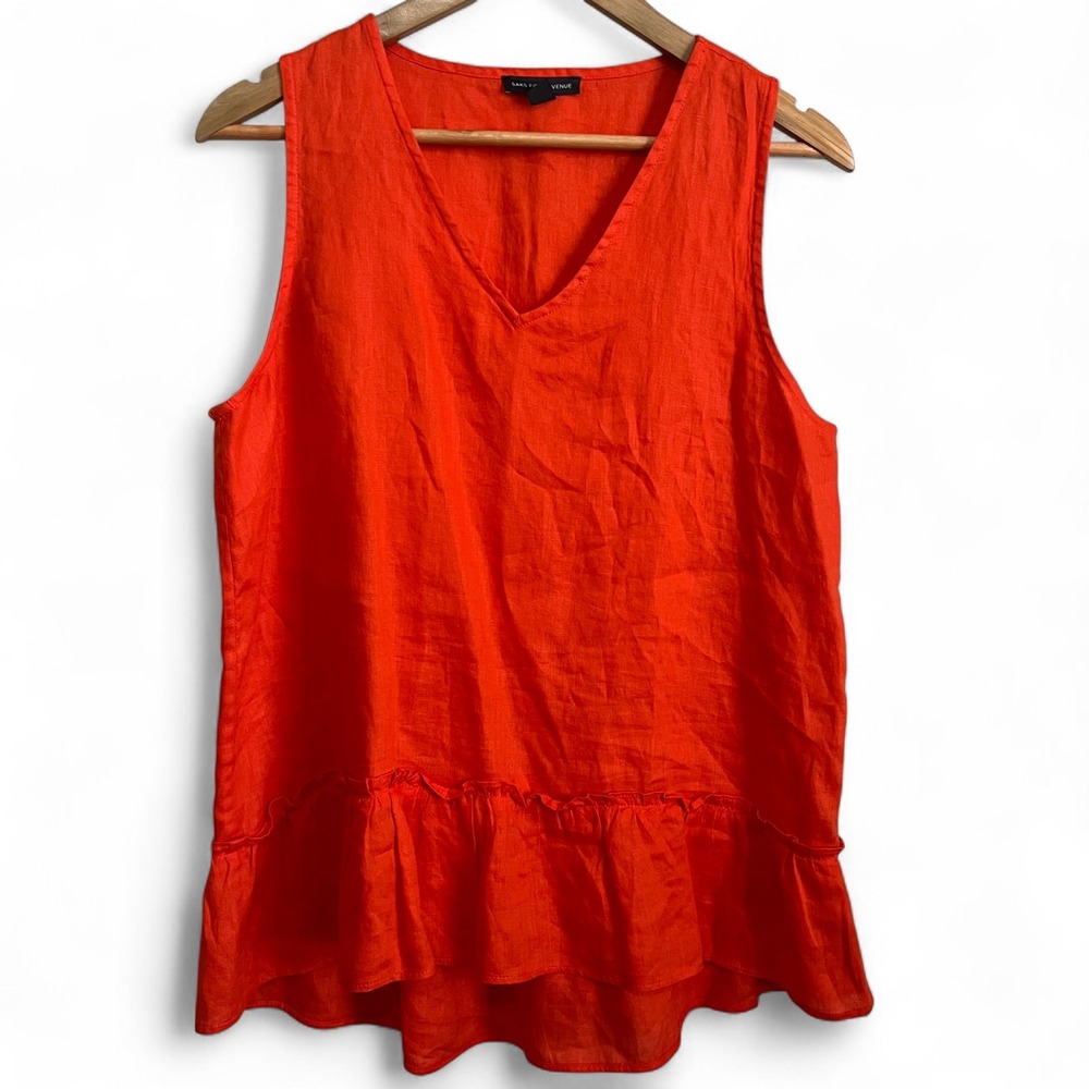Saks Fifth Avenue 100% Linen Tank Top Orange Ruffle Hem Blouse‎ M Summer Resort